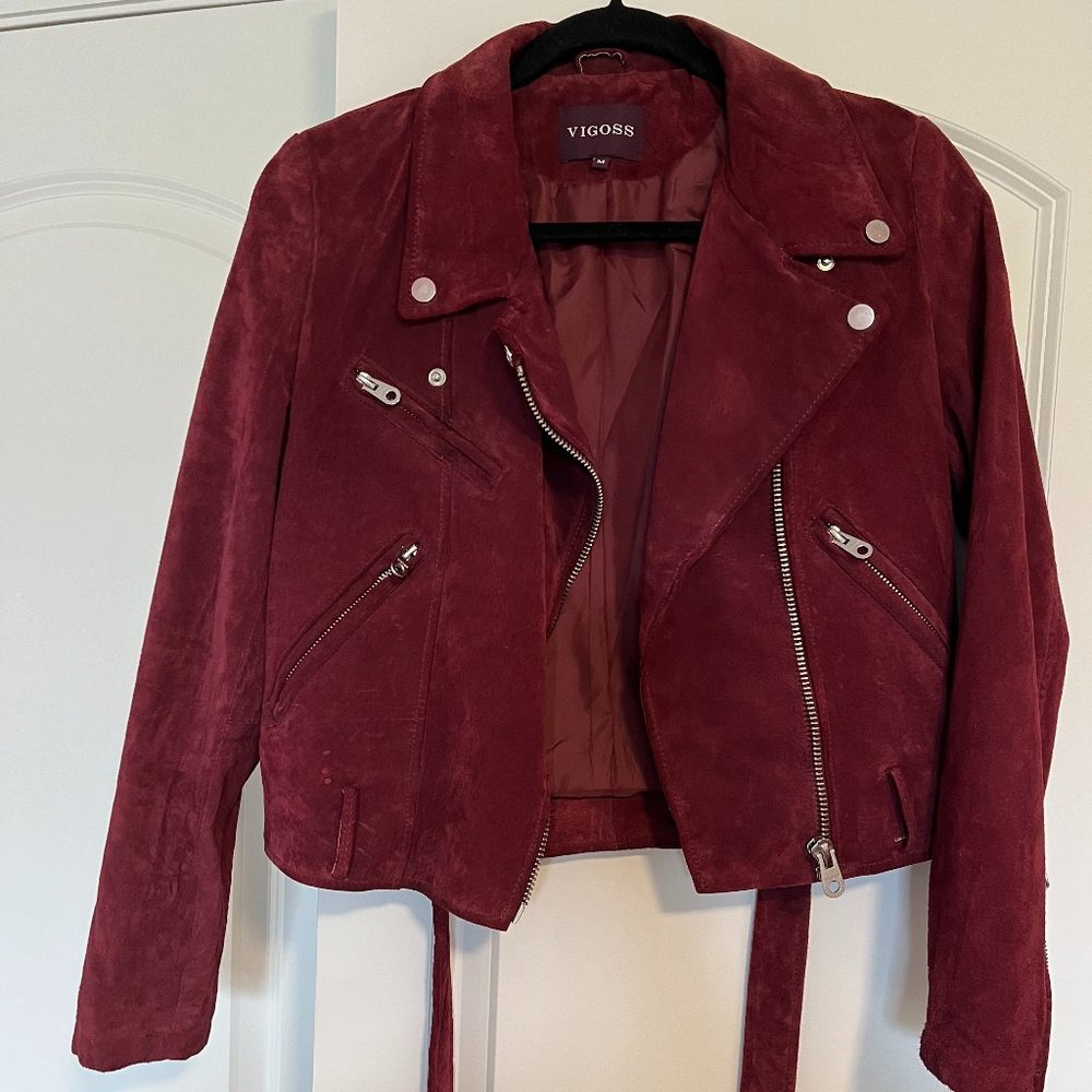Vigoss Moto Leather Suede Jacket, Burgundy Belted Cropped Jacket, Size M
